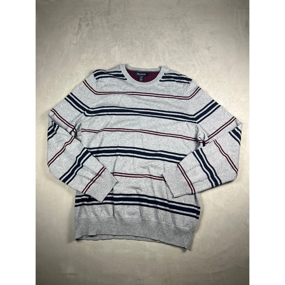 Jos‎ A Bank Mens XL Tailored Fit Cotton Striped Crew Neck Sweater Grey Navy Red